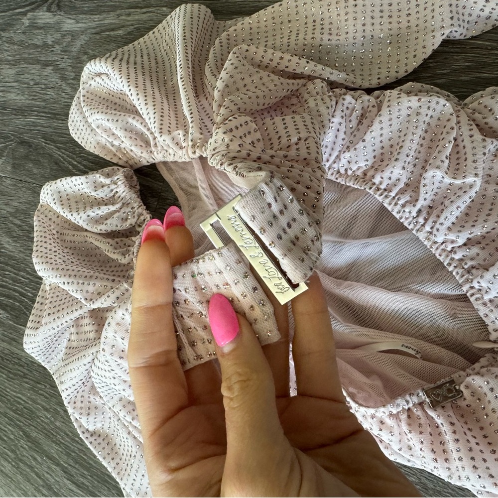For Love & Lemons Pink Glitter Ruched Mini Dress Puff Sleeve - Picture 11 of 16